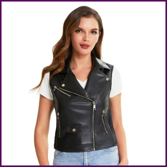 Faux Leather Biker Vest Sleeveless Zipper Lapel Waistcoat Women's Size